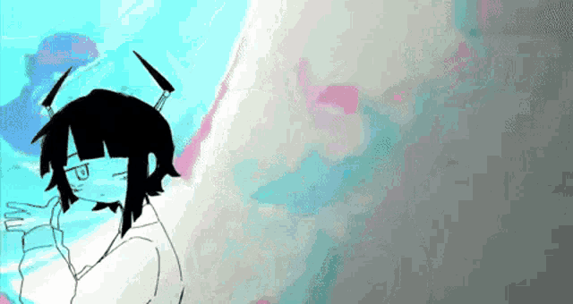 a black and white drawing of a girl with horns standing in front of a cloudy sky .