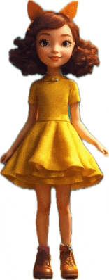 a cartoon doll wearing a yellow dress and brown boots