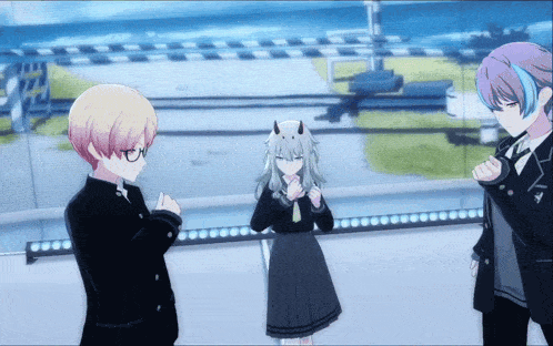 a group of anime characters are standing on a balcony