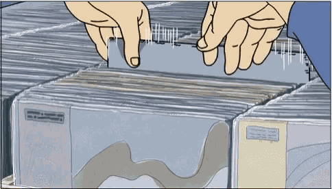 a cartoon drawing of a person holding a piece of paper with a label on it