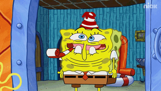a cartoon of spongebob wearing a party hat and holding a party blower