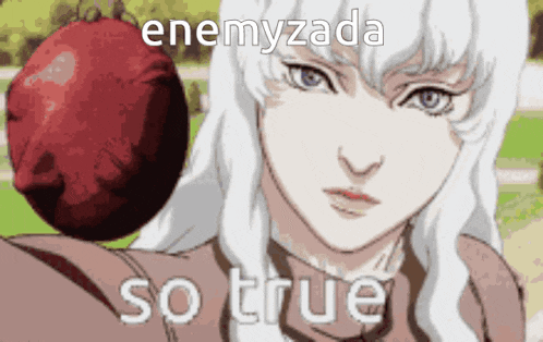 a cartoon of a girl holding an apple with the words enemyzada so true below it