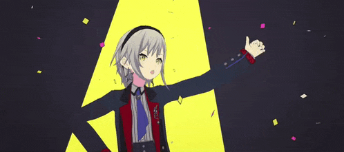 a girl with long blue hair is standing in front of a yellow light and making a peace sign with her hands .