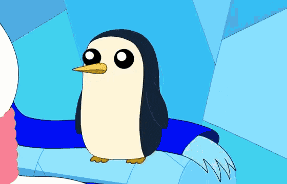 a cartoon penguin with a yellow beak is standing on a piece of ice