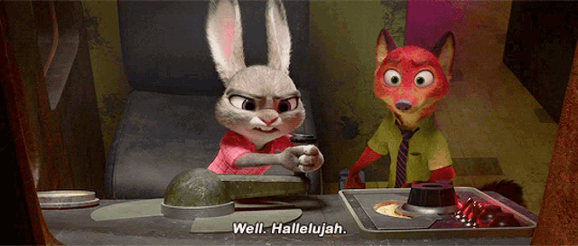 a fox and a rabbit from zootopia are sitting at a table and the rabbit is saying well hallelujah