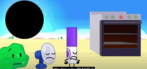 a cartoon scene with a black circle and a purple object that says " smash "