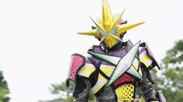 a person in a colorful costume with a sword in their hand