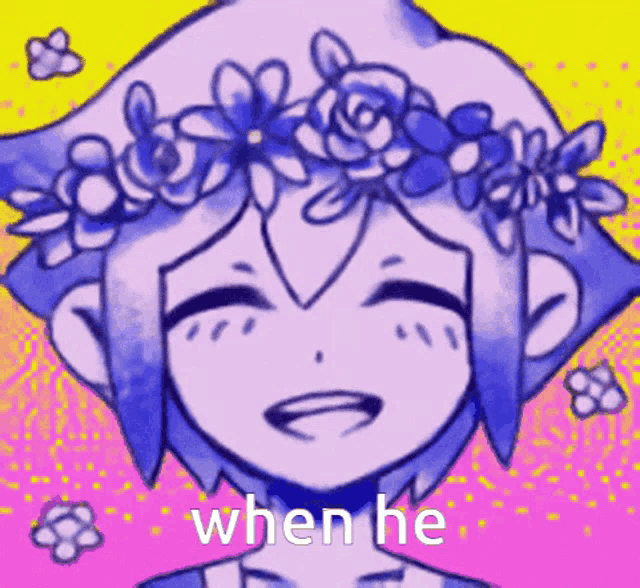a drawing of a girl with a flower crown on her head and the words " when he " on the bottom