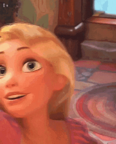 a close up of a cartoon girl 's face with a clock in the background