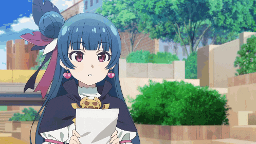 a girl with long blue hair is holding a piece of paper in her hands