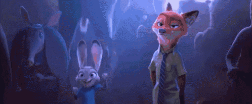 a group of cartoon animals are standing in a dark room .