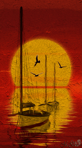 a painting of a sunset with boats and birds and the letters mc on the bottom