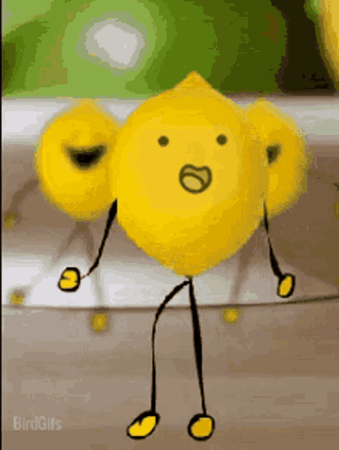 a drawing of a lemon with stick legs and a face