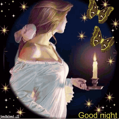a woman is holding a candle with butterflies flying around her and the words good night on the bottom