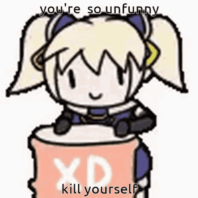 a cartoon of a girl sitting on top of a barrel that says xd kill yourself