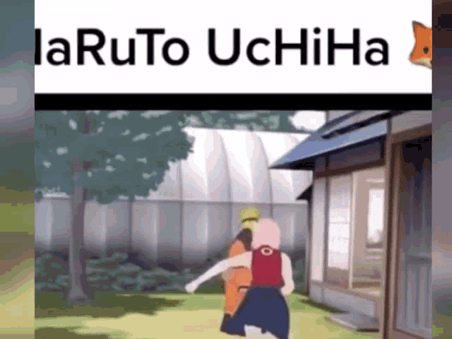 a cartoon of naruto and sakura standing next to each other in front of a building