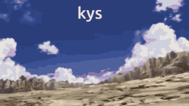a painting of a desert landscape with the word kys in white