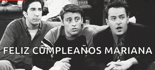 a black and white photo of three men sitting on a couch with the words `` feliz cumpleanos mariana '' in the corner .