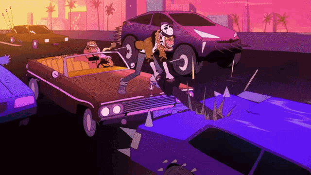 a cartoon of a man driving a car with spikes on the side