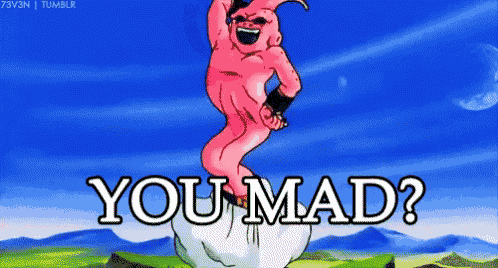 a cartoon of a pink monster with the words " you mad " written on it