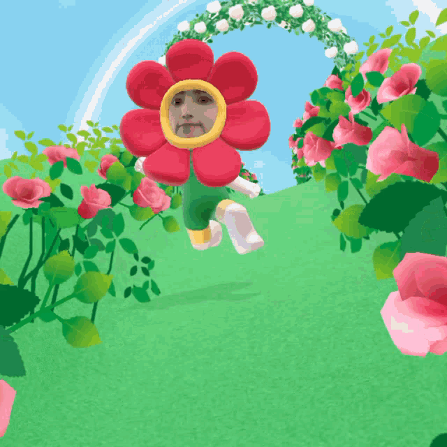 a person dressed in a flower costume is running through a garden