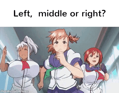 a group of anime girls are running down a hallway with the words left , middle or right .