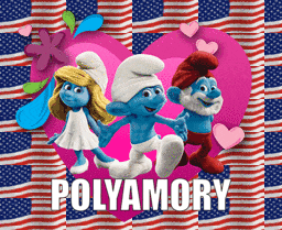 a poster of smurfs with the word polyamory on it