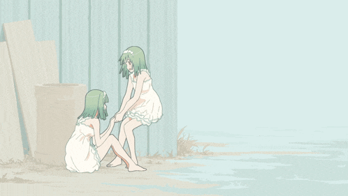 a drawing of two girls holding hands and one is sitting on the ground