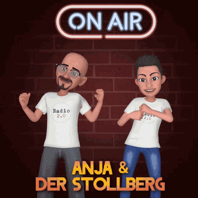 a man and a woman are standing in front of a neon sign that says " on air "