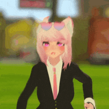 a girl with pink hair wearing sunglasses and a black suit