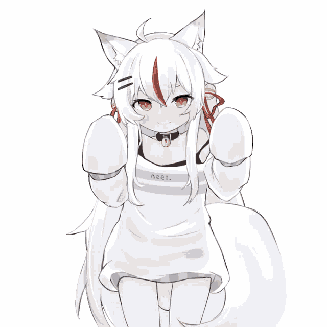 a drawing of a girl with a cat ear and a sweater that says neet