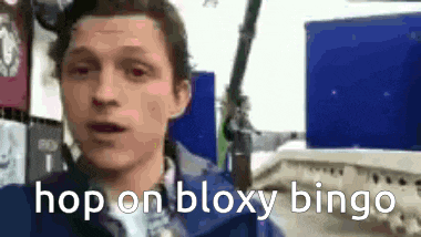 a man in a blue jacket is standing in front of a blue box and says `` hop on bloxy bingo '' .