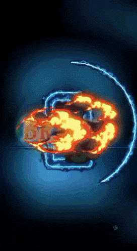 a blue background with a circle and a flame in the middle of it
