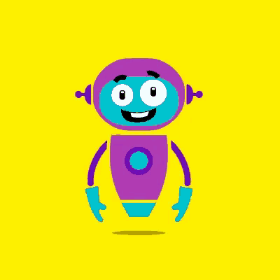 a purple robot with a green face and blue gloves is flying in the air .