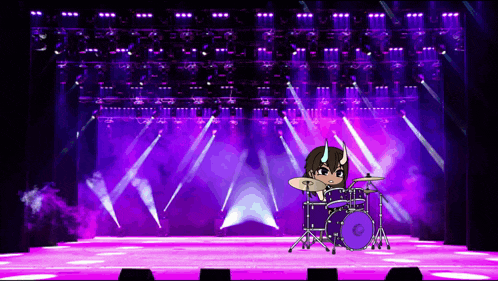 a person is playing a drum set on a stage with purple lights behind them .