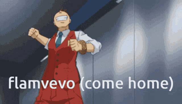 a man in a red suit and tie is dancing with flamvevo ( come home ) written below him