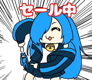 a cartoon drawing of a girl with blue hair and the word " sale " in red