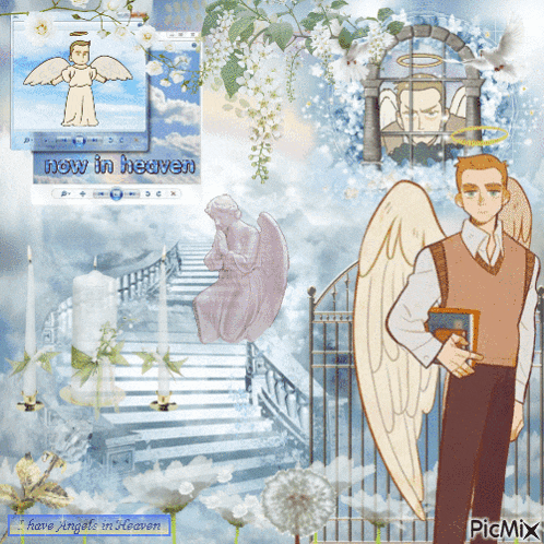 a man with angel wings is standing in front of a gate with the words now in heaven behind him