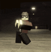 a cartoon character wearing sunglasses and a hat is walking on a tiled floor .