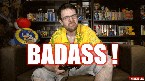a man in a yellow shirt is playing a video game with the words badass written above him