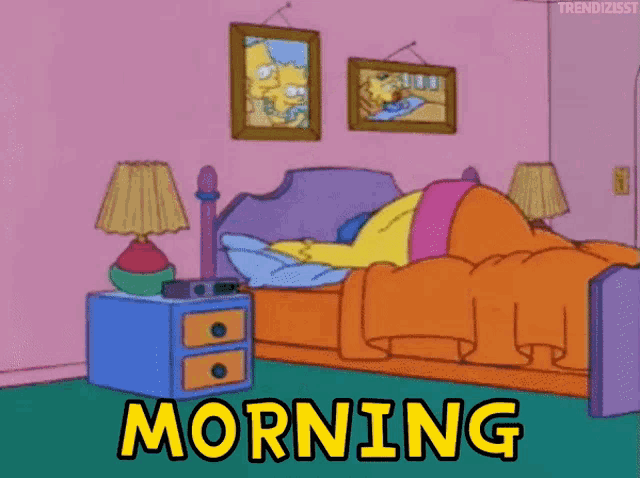 a cartoon of homer simpson laying on a couch with the words morning above him