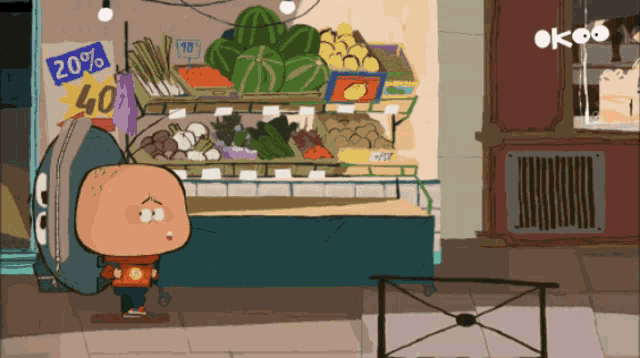 a cartoon character stands in front of a fruit and vegetable stand with a sign that says 20 % off