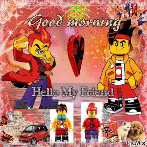 a picture of two lego ninjago characters with the words good morning hello my friend