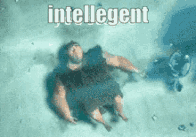 a cartoon character is floating in the water with the words intelligent written on the bottom