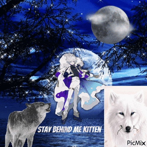 a picture of a wolf with the words stay behind me kitten on it