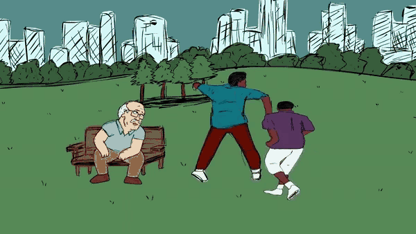 a cartoon drawing of a man kissing another man 's cheek