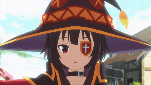 a girl in a witch hat has a red cross on her eye