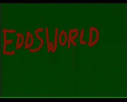 a cartoon character is standing in front of a green background with the word eddsworld written in red