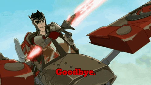 a cartoon of a man riding a robot with the words goodbye below him