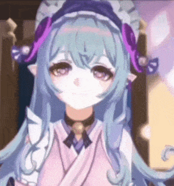 a close up of a cartoon girl with long blue hair and purple ears .